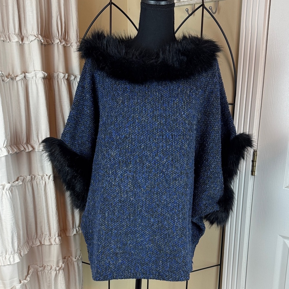 Blue Tweed Poncho with Black Faux Fur Trim Size L